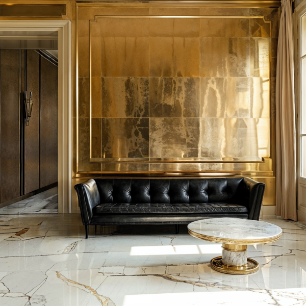 A celebration of metallics with a gold tile wall, gold hardware, white marble tiles with gold flecks in a living room with a contrasting black leather couch.