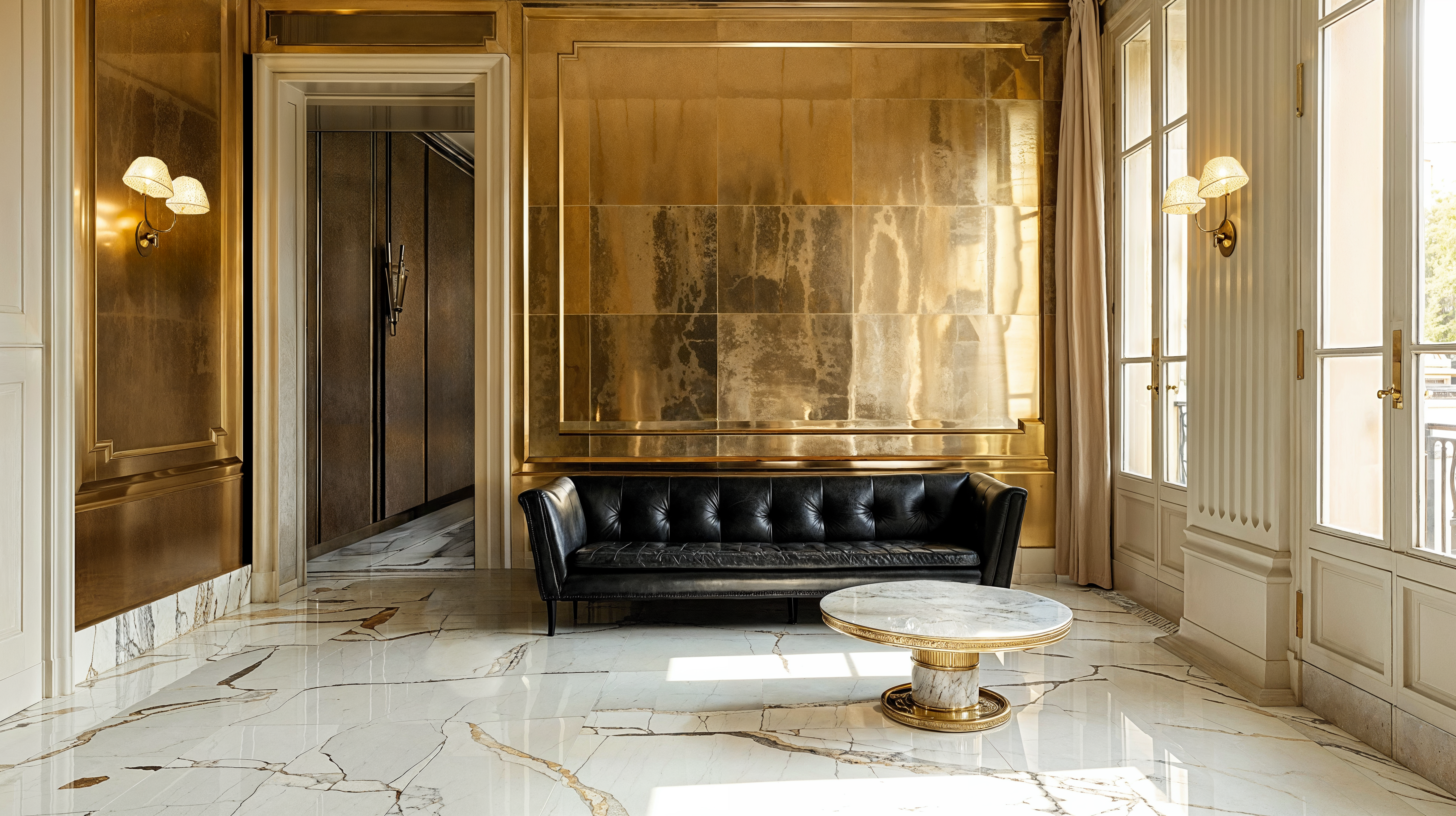 A celebration of metallics with a gold tile wall, gold hardware, white marble tiles with gold flecks in a living room with a contrasting black leather couch.