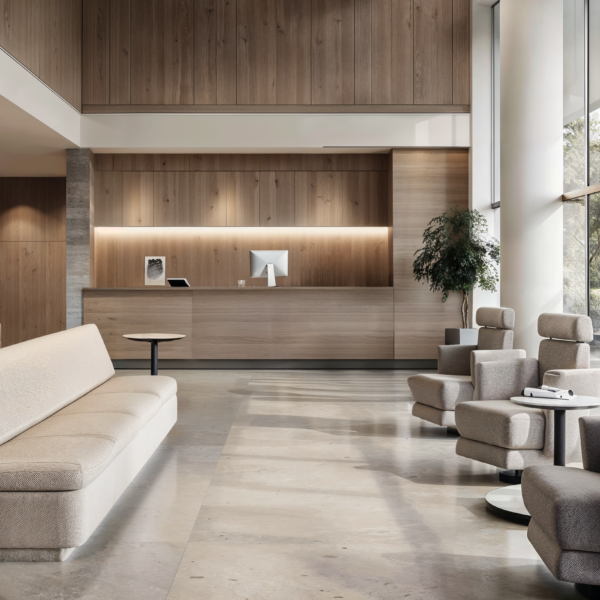 Ergonomic furniture in healthcare waiting room with staff desk along back wall, wrapped in wood paneling. Beige stone floors are easy to clean and ergonomic couches and chairs allow for more comfortable seating for visitors waiting to be seen.