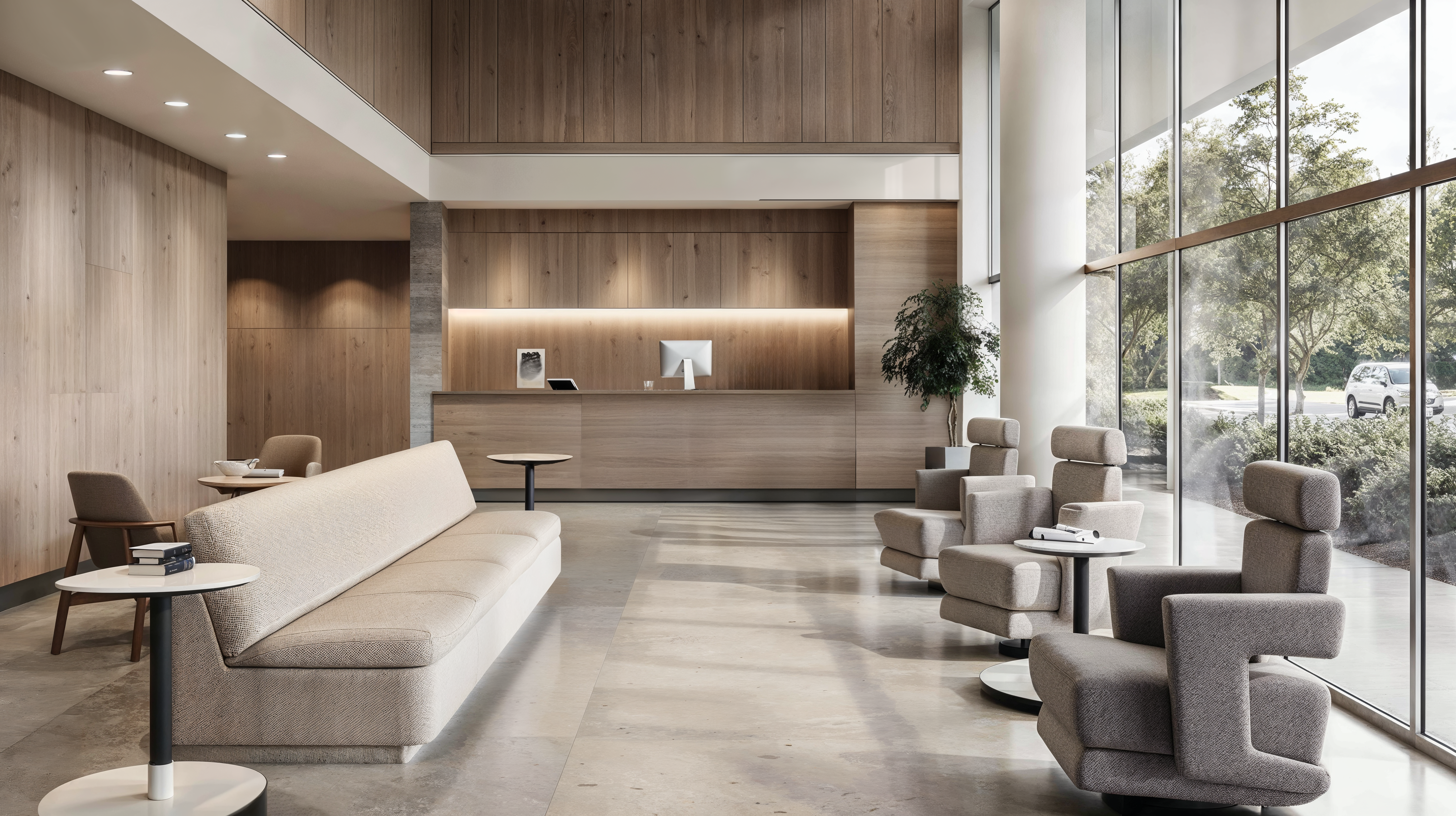 Ergonomic furniture in healthcare waiting room with staff desk along back wall, wrapped in wood paneling. Beige stone floors are easy to clean and ergonomic couches and chairs allow for more comfortable seating for visitors waiting to be seen.