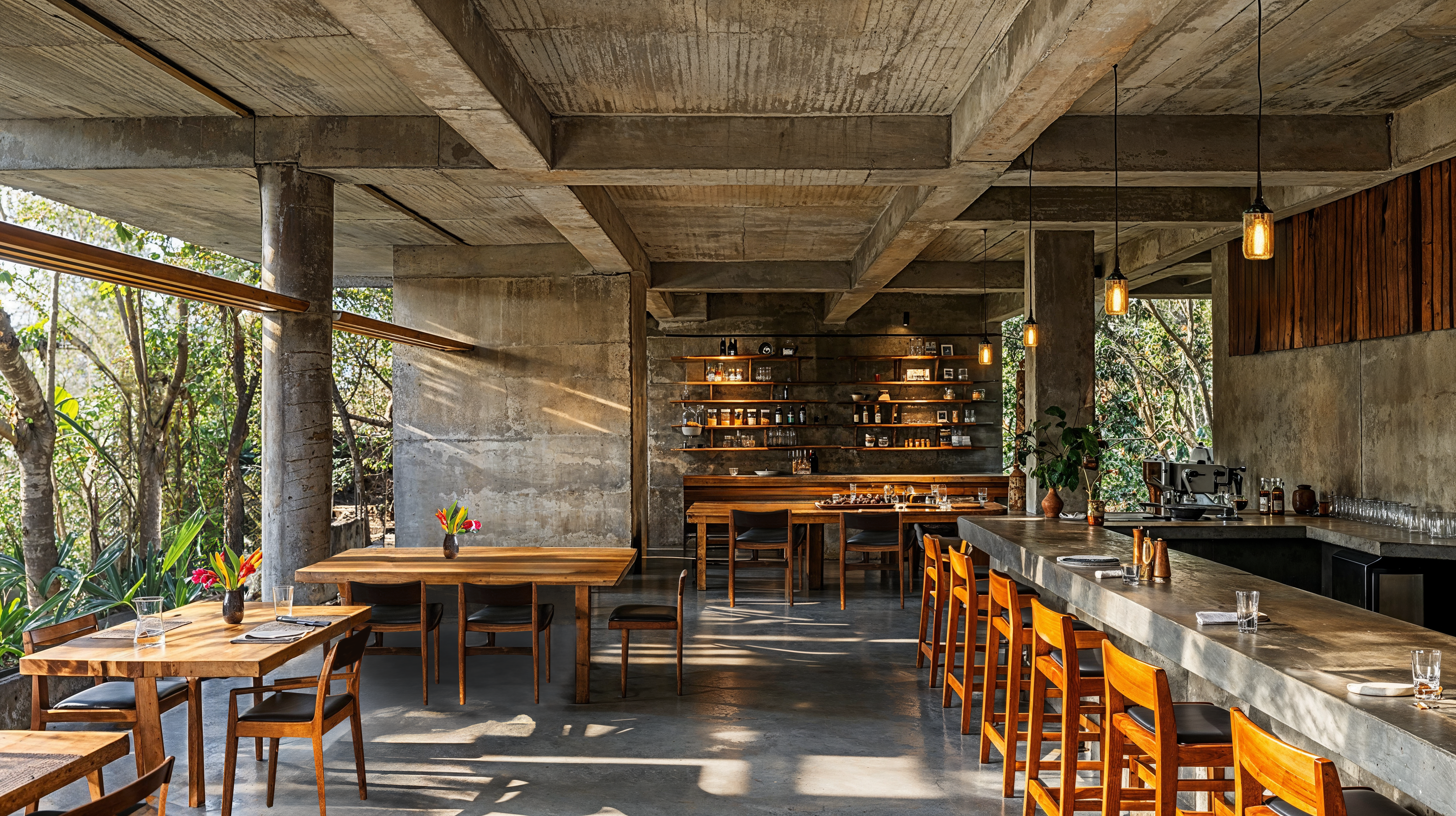 A restaurant with concrete floors, walls, ceilings and countertops, softened by wooden seats and tables.