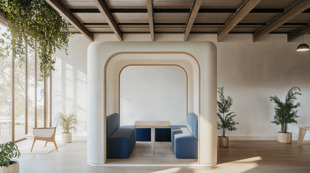 Greek Island design in a office space with exposed wood beams, natural lighting, greenery, and blue benches.