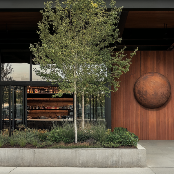 A branded hospitality exterior with wood paneled walls, large windows, and open doorways.