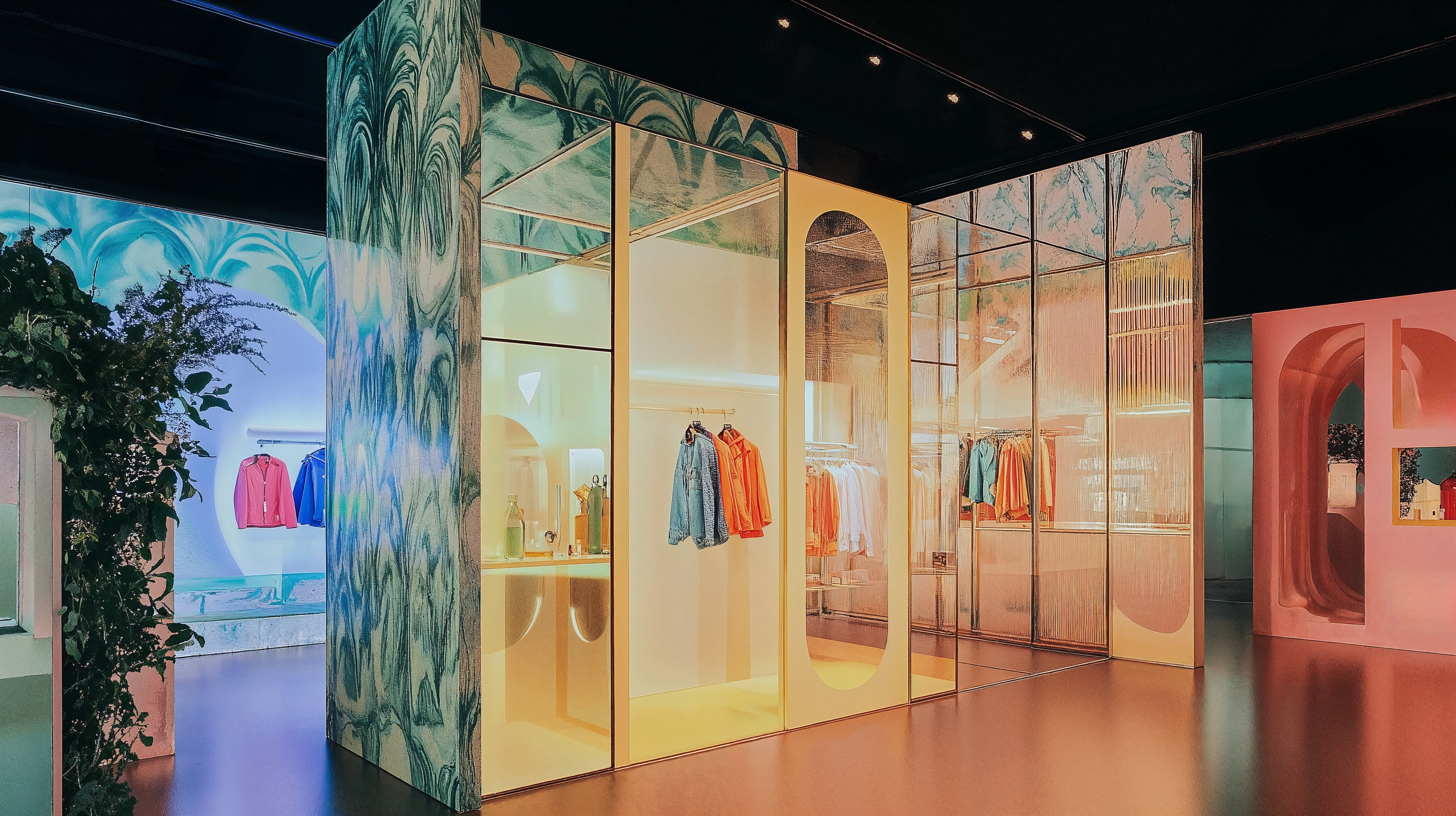 An experiential pop-up space with colorful wall paneling, LED lighting, and modular wall systems.