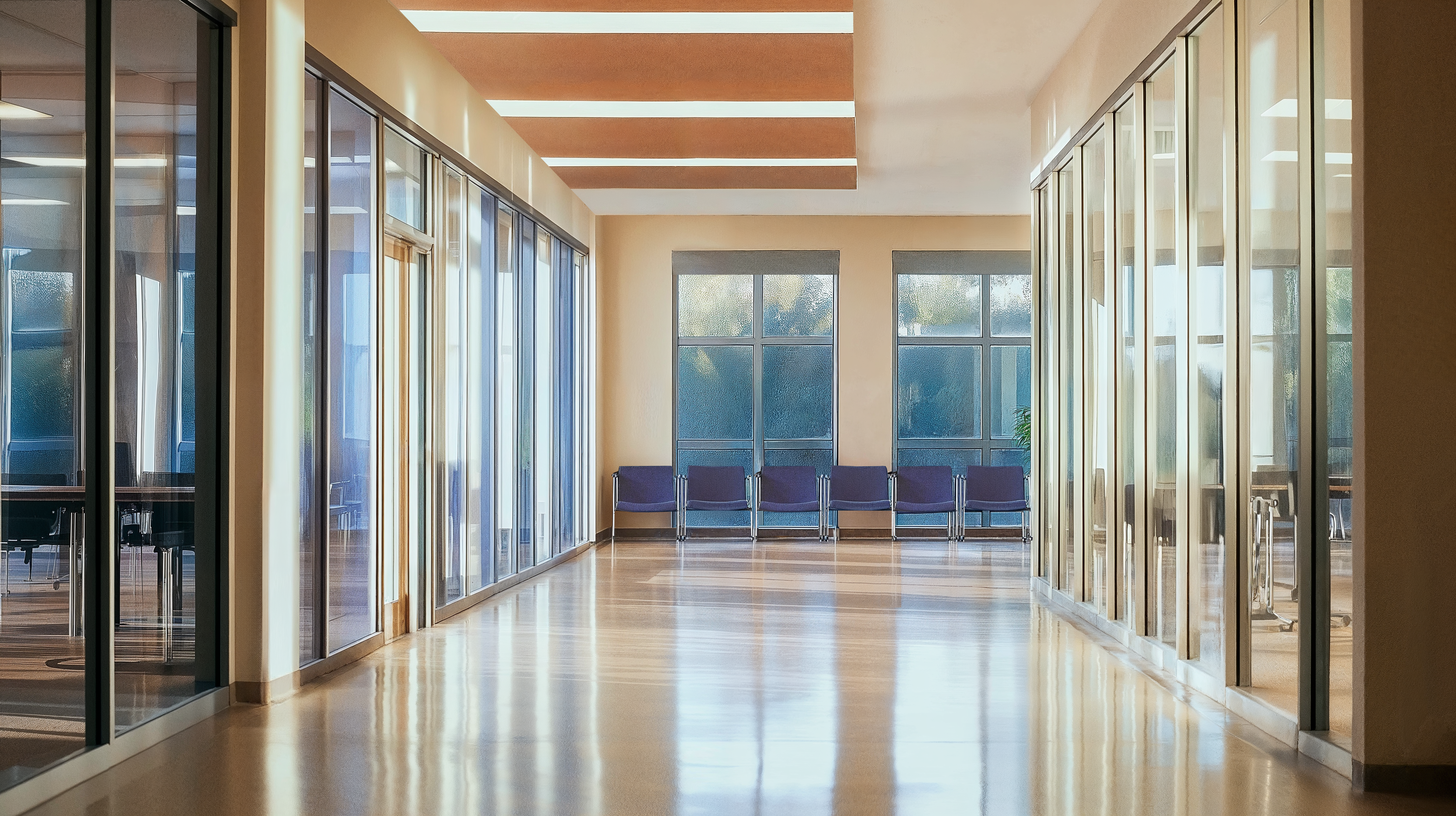 A healthcare space with innovative lighting, vinyl flooring, and blue chairs.