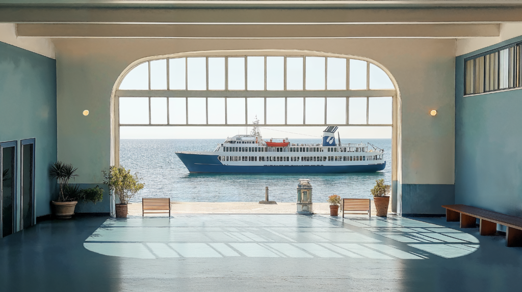 Greek Island design in a transportation port with natural lighting, white and blue walls, and greenery.