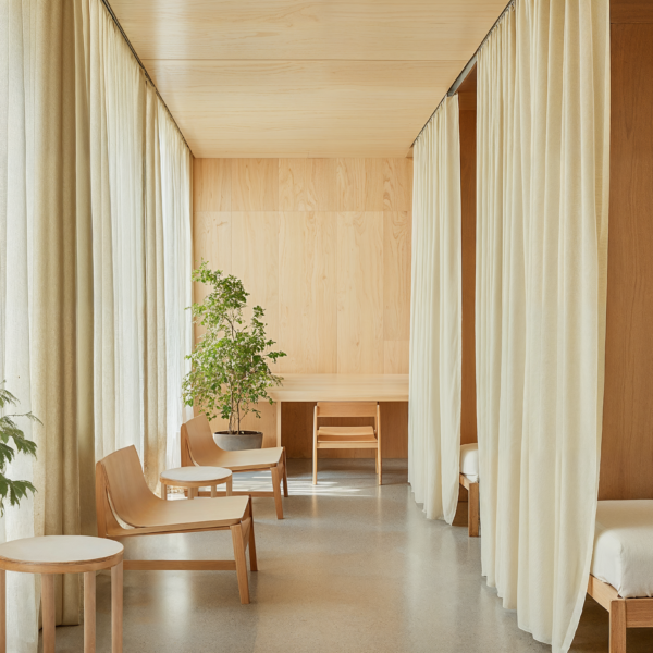 Micro-hospital space with natural light, wood finishes, indoor plants, linen curtains, and wooden bed frames.