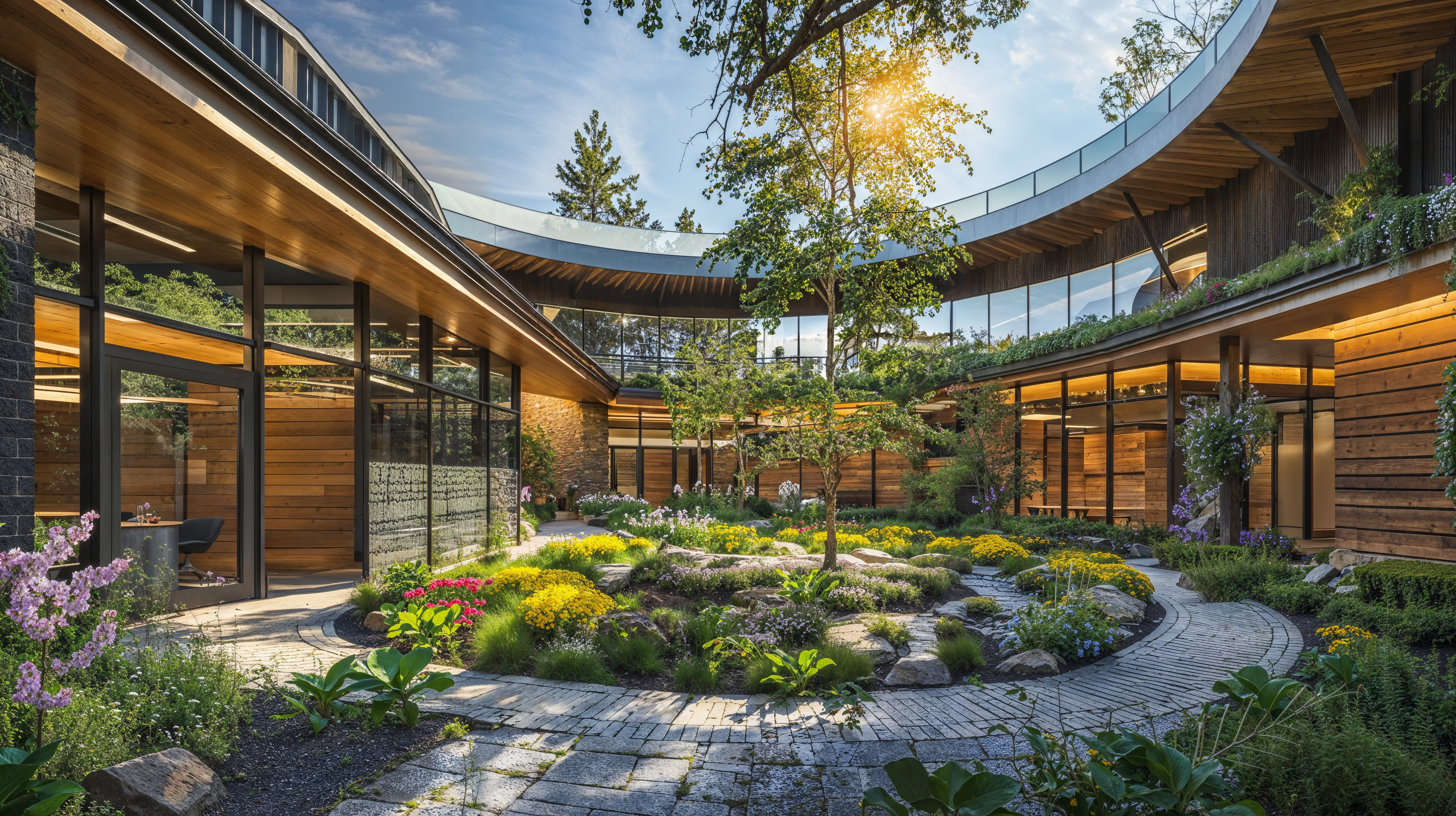 A regenerative architecture healthcare space with lush greenery and plants, stone pavement, large glass windows, and wood paneling.