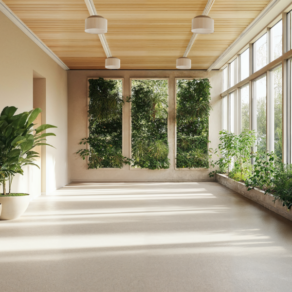 Green walls and vertical gardens featuring an interior hallway, natural light with glass windows, wood-paneled ceiling, plants, and greenery.