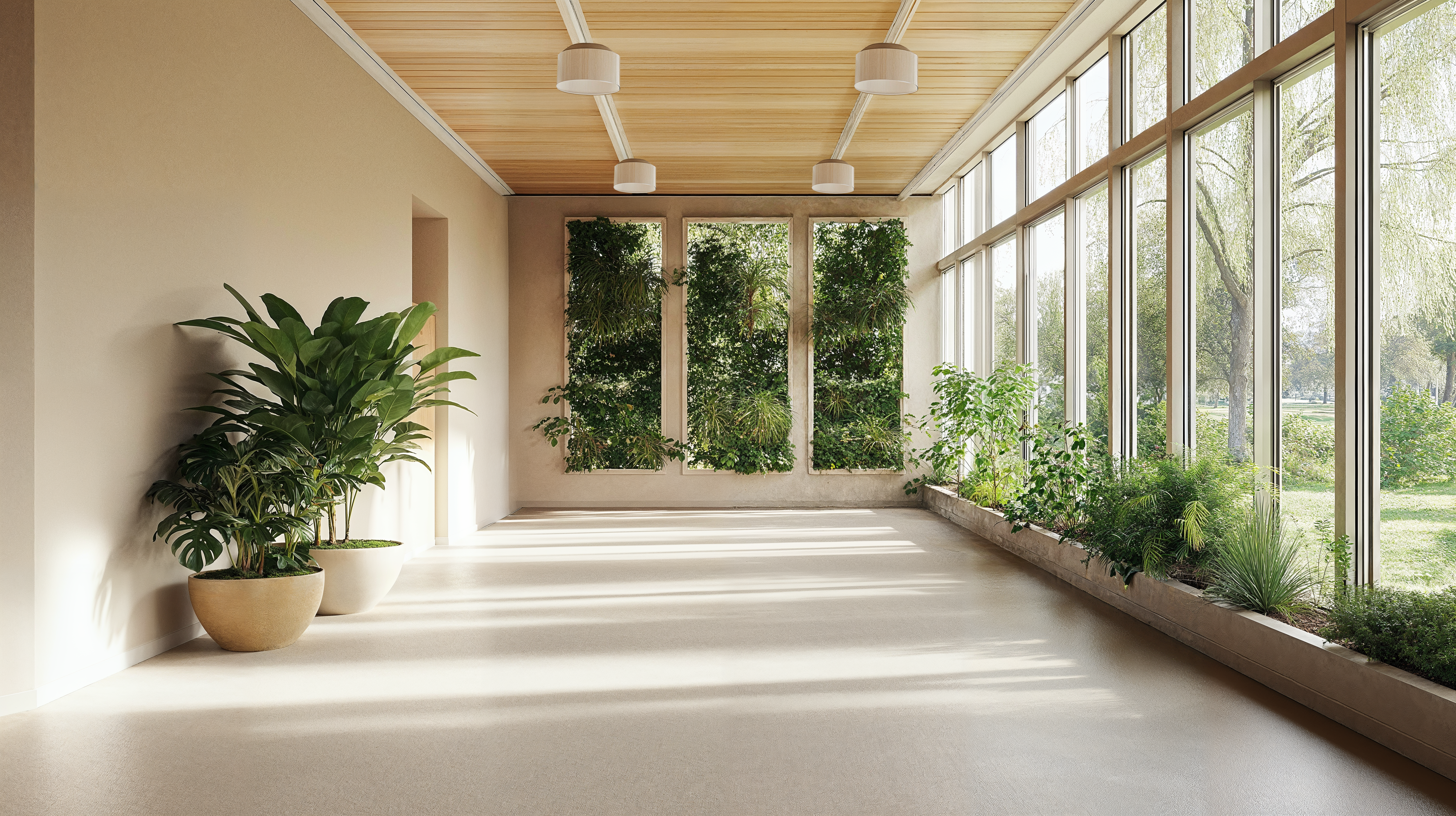 Green walls and vertical gardens featuring an interior hallway, natural light with glass windows, wood-paneled ceiling, plants, and greenery.