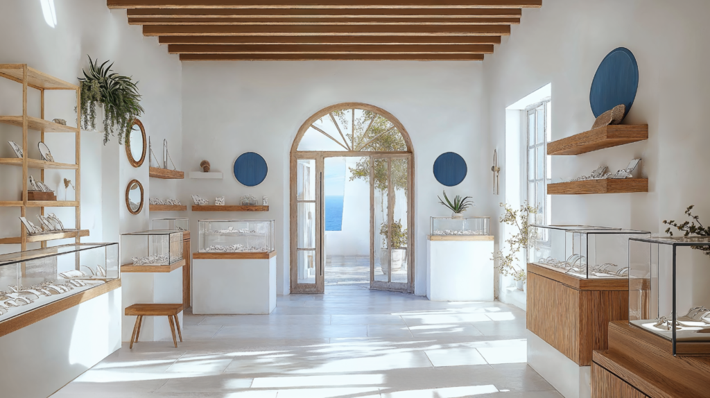 Greek Island design in a retail space, featuring white and blue accents, natural wood and stone, and natural lighting.