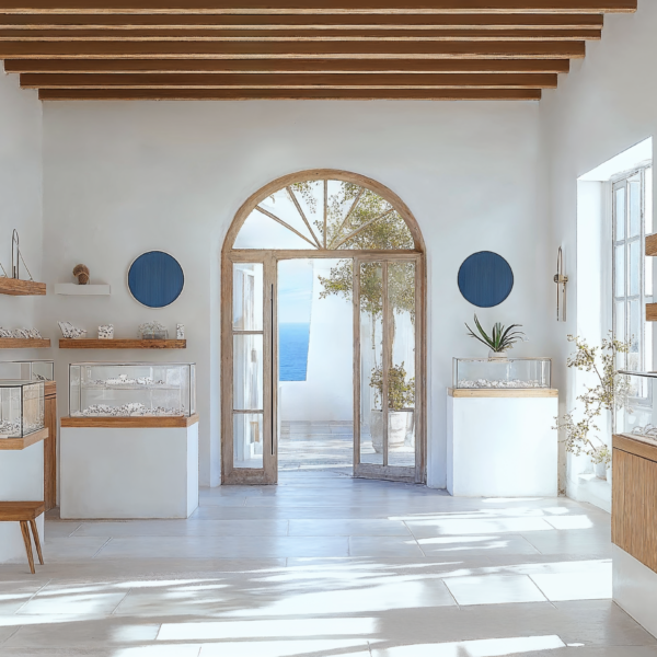 Greek Island retail space, featuring white and blue accents, natural wood and stone, and natural lighting.