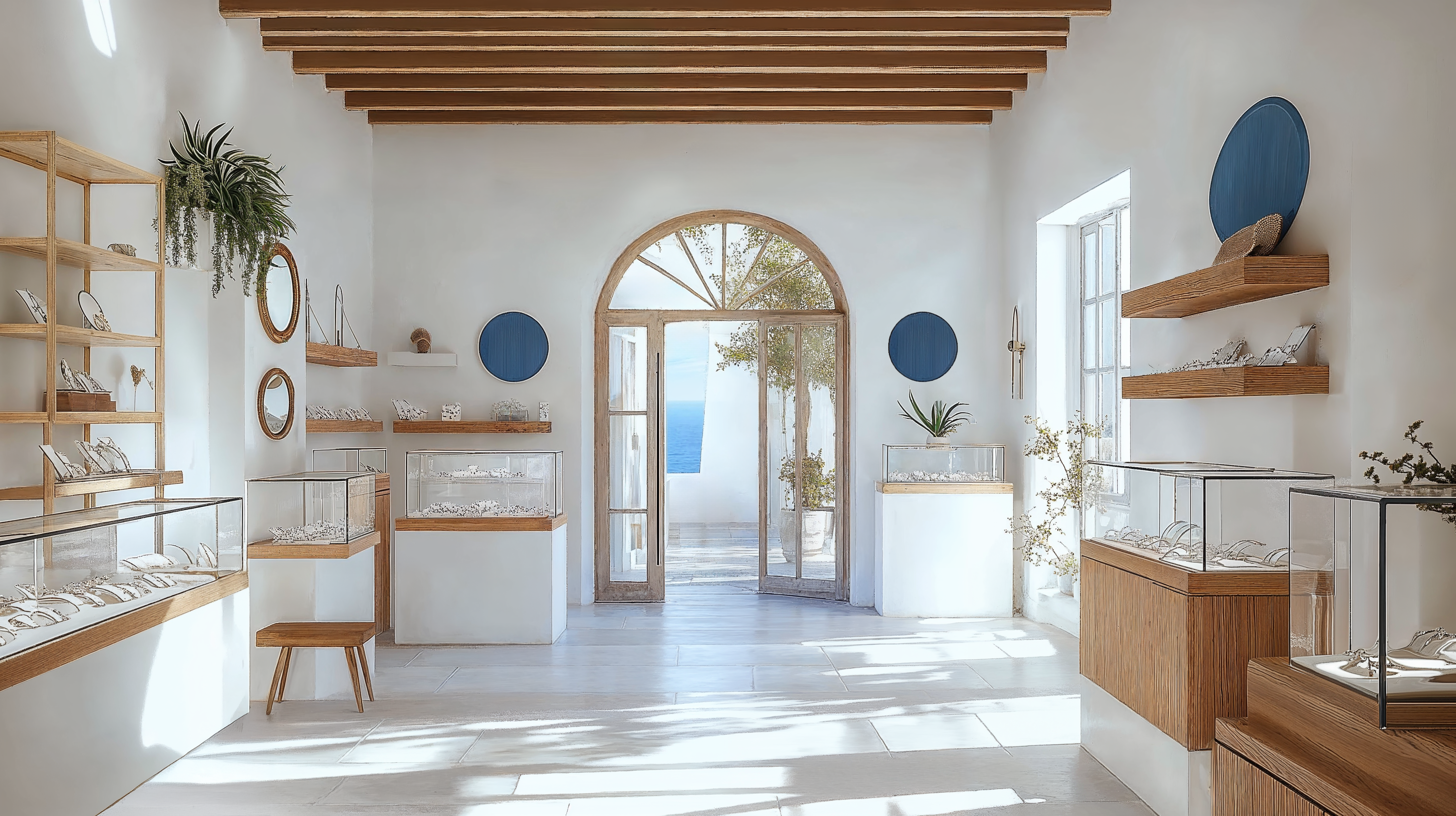 Greek Island retail space, featuring white and blue accents, natural wood and stone, and natural lighting.