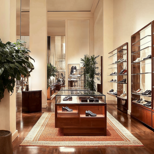 Tuscan design shoe store with neutral tones, wooden floors, wood and glass display cases with a variety of shoes, neutral tone rugs and green trees throughout the space.