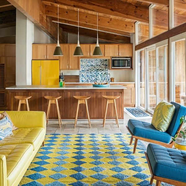 A living room with a lemon yellow couch sits in front of a stone wall on a blue and yellow patterned rug, two blue chairs sit across from it. In the background is the kitchen with wood cabinets and wood paneling.