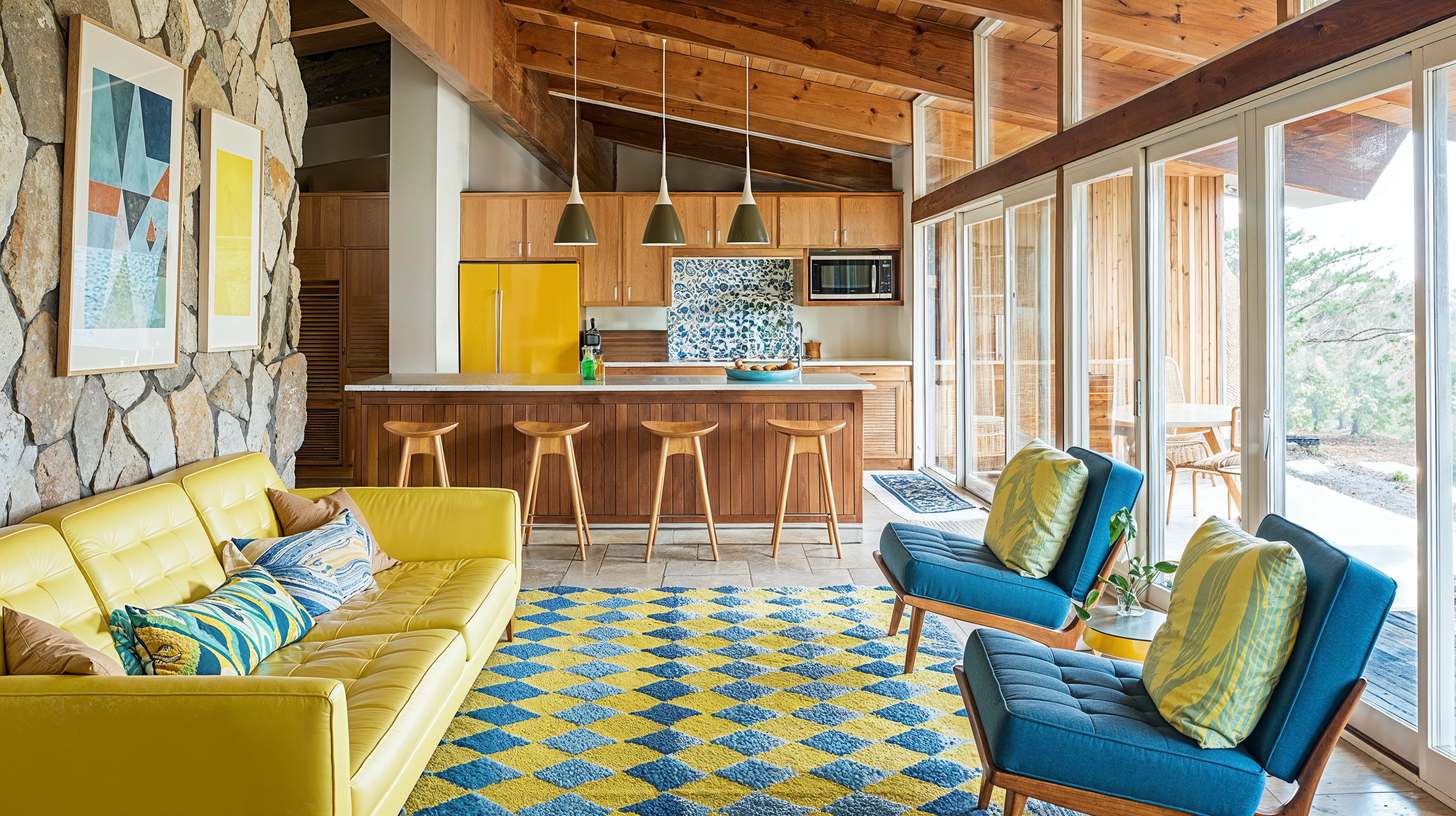 A living room with a lemon yellow couch sits in front of a stone wall on a blue and yellow patterned rug, two blue chairs sit across from it. In the background is the kitchen with wood cabinets and wood paneling.