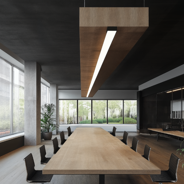 An office with modern lighting, concrete walls, and wooden furniture.