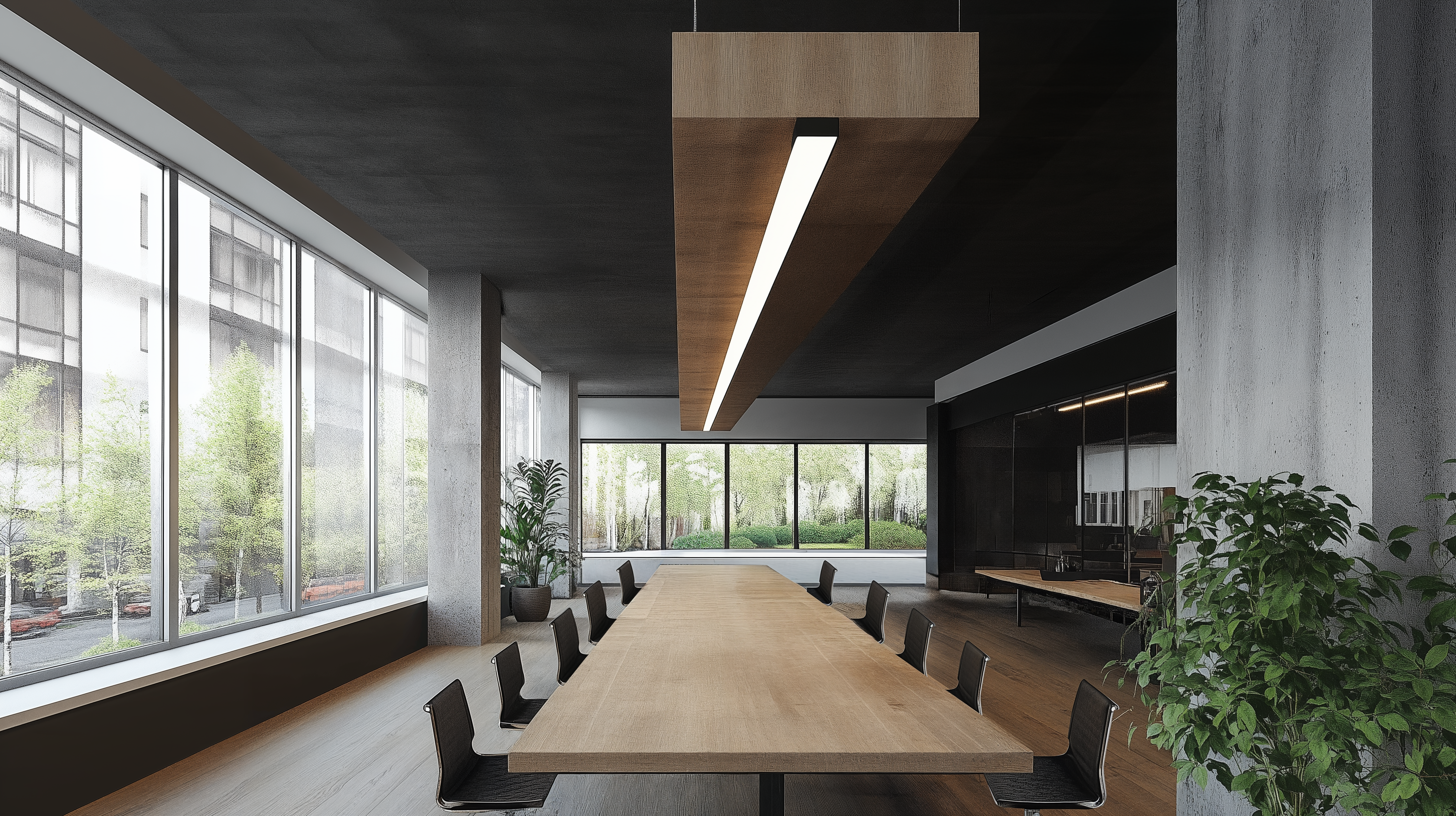 An office with modern lighting, concrete walls, and wooden furniture.