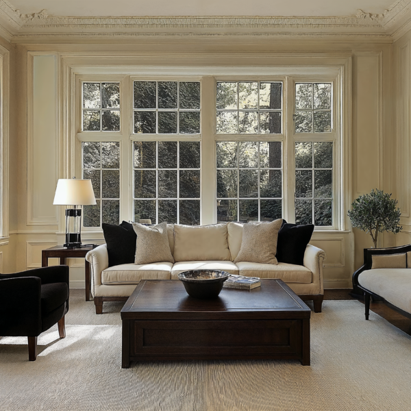 Decorative Moulding & Trim inside a living room with a neutral palette accented by dark black wood coffee table and black upholstery and textiles.