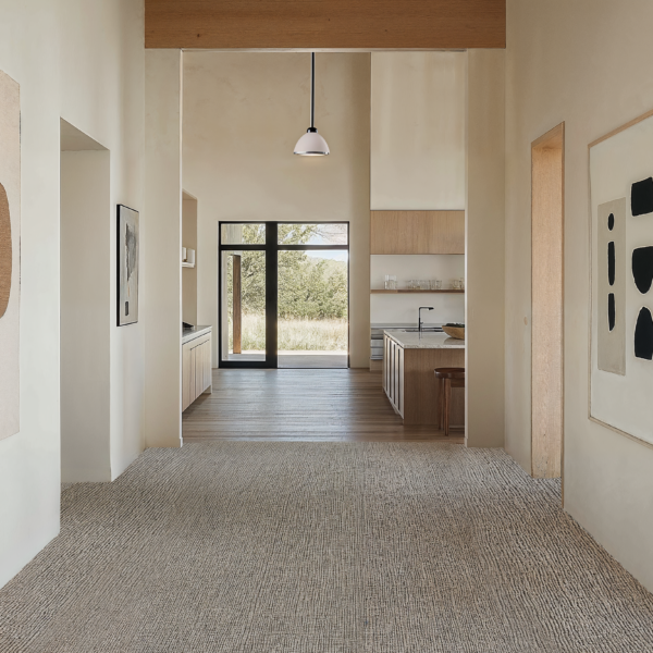 A residential interior with luscious beige carpet flooring, wooden wall paneling, and modern furnishing.