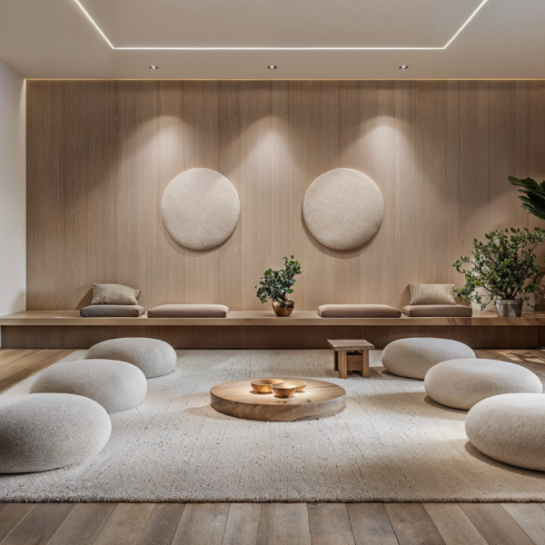 Wellness-centric workspace featuring a meditation space, wood flooring, natural light, carpet, plants, and floor cushions.