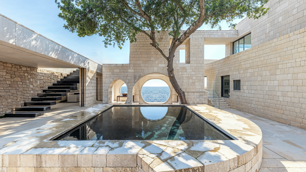 Mediterranean design of a residential home exterior space. Various cream colored bricks create a courtyard with a large tree in the center with a water feature overlooking the ocean. 