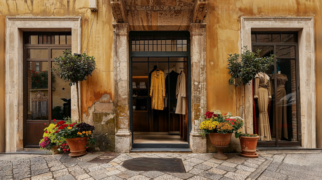 Mediterranean design of a retail clothing store front. Stone paver floors leading up to the front of the building in a muted gold tone with stone trimmed windows and entry doorway. 