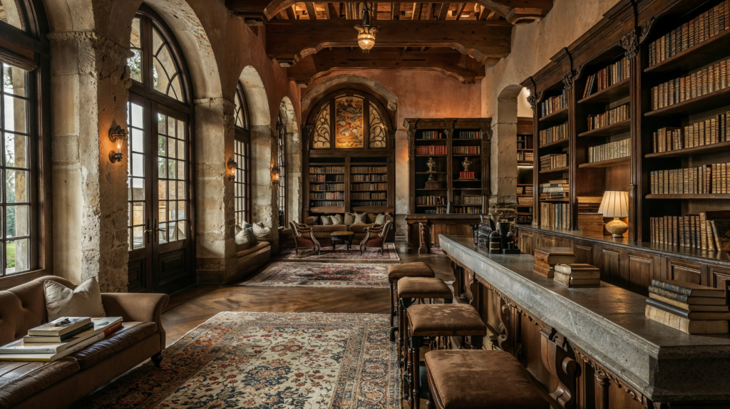 Mediterranean designed library with arched windows, wooden beams on the ceiling, built in wooden bookshelves, and muted colored rugs line the floor onto of wood floors. 