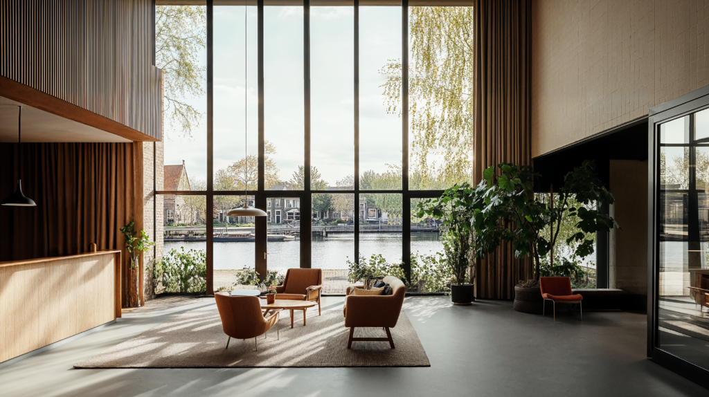 Dutch canal house design with a reception area of floor to ceiling windows, natural light, plants, coffee table, and chairs.