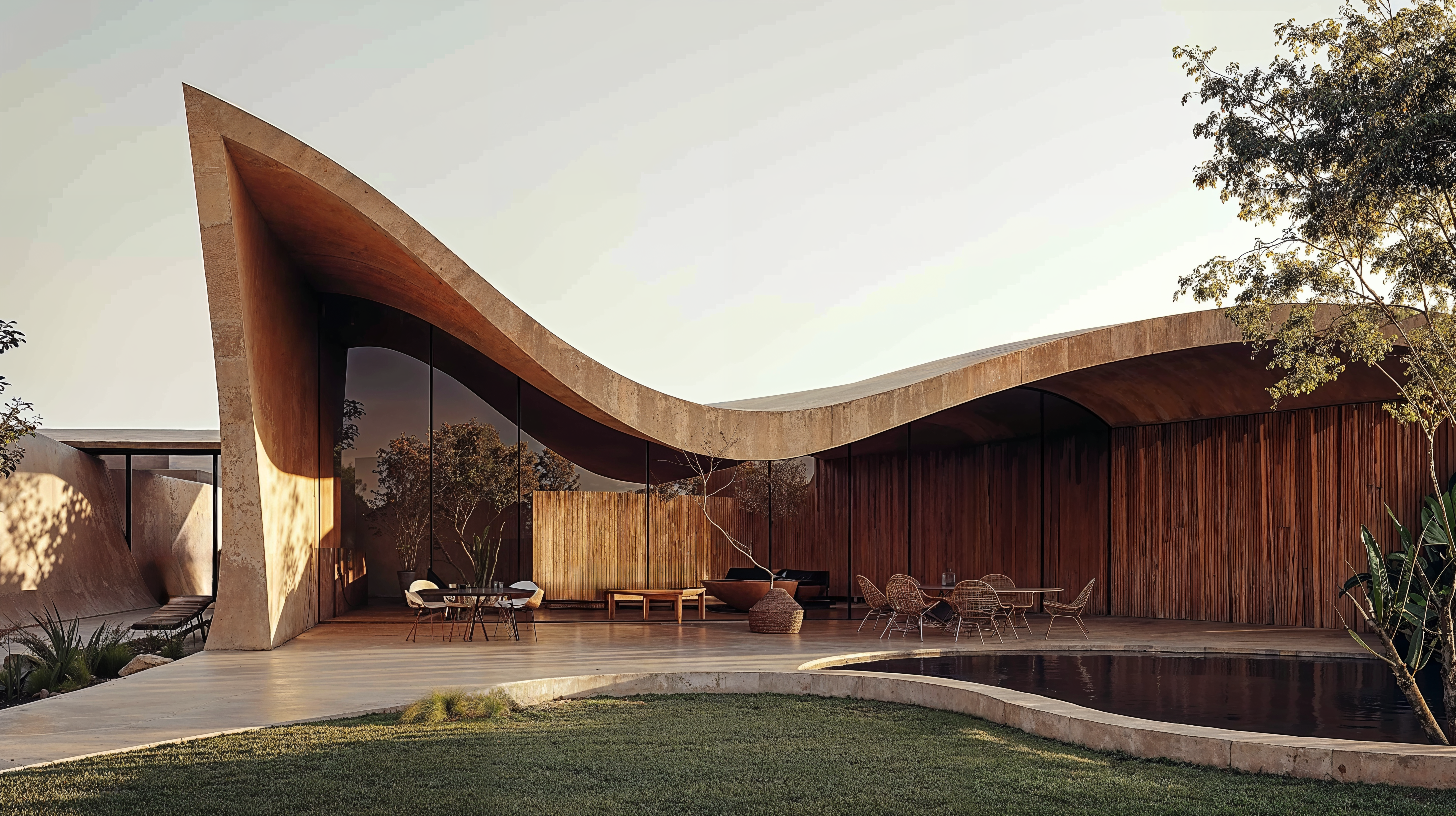 Organic Forms in Interior Design illustrated in a photo of a home with a build that highlights curves along the roof and the walls. With abstract shape glass windows and wooden panels matching the design of the structure.