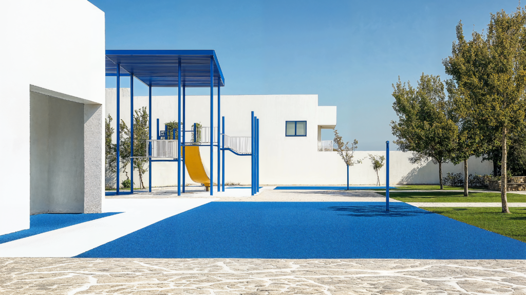 Greek Island design in a school exterior with white walls, blue rubber flooring, and a modern playground.