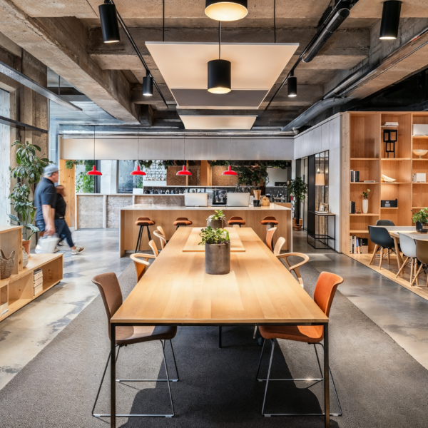 Scandinavian design in a workplace setting, wood tables and wood accents, modern lighting and natural light, and plants.