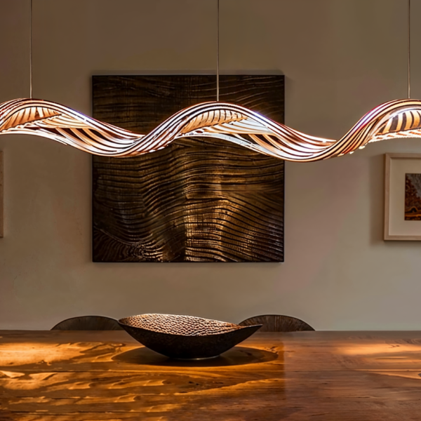 Sculptural Lighting Fixtures as Focal Points in a dining room with abstract lighting fixture sitting over a long wood table.