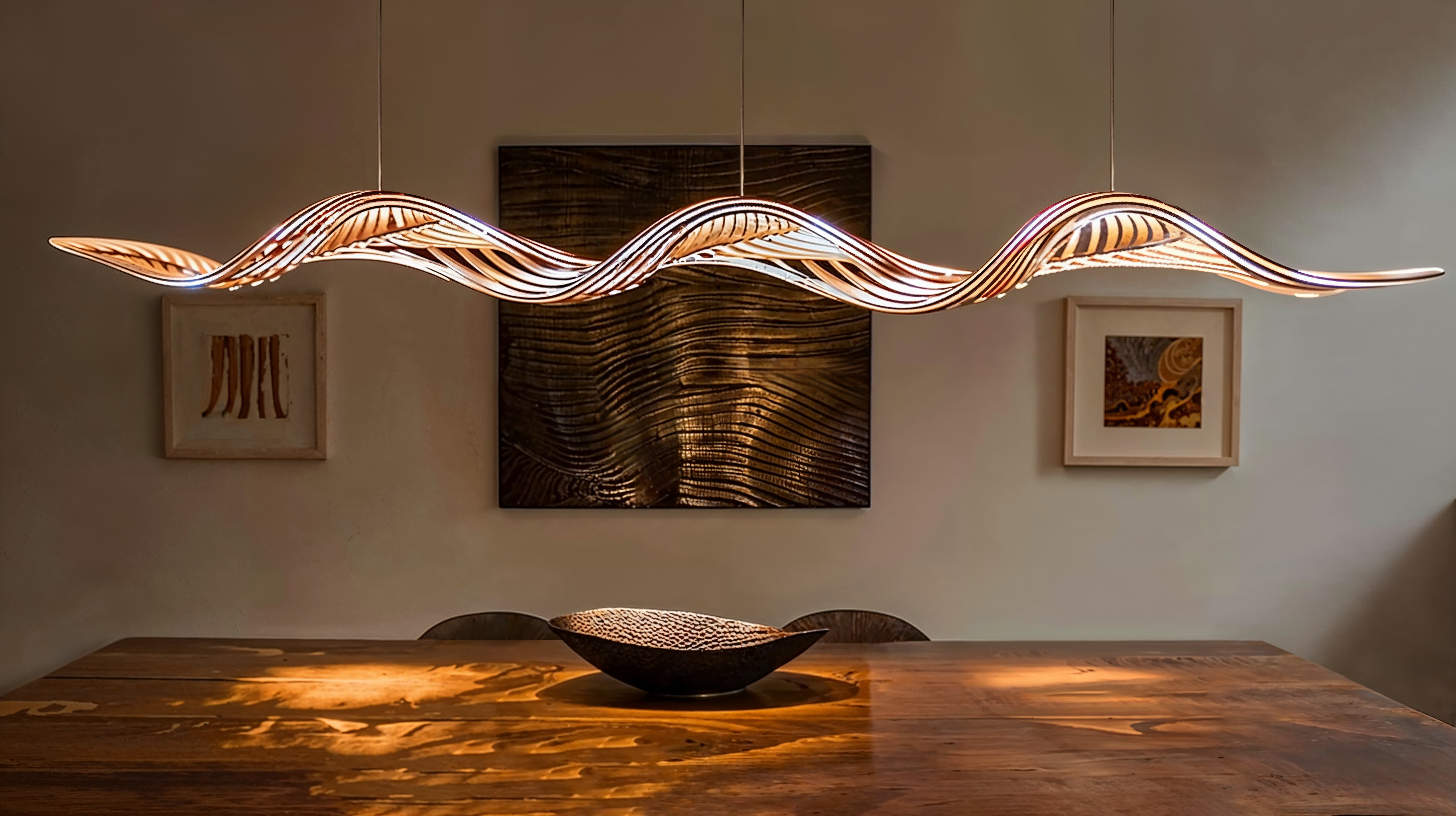 Sculptural Lighting Fixtures as Focal Points in a dining room with abstract lighting fixture sitting over a long wood table.