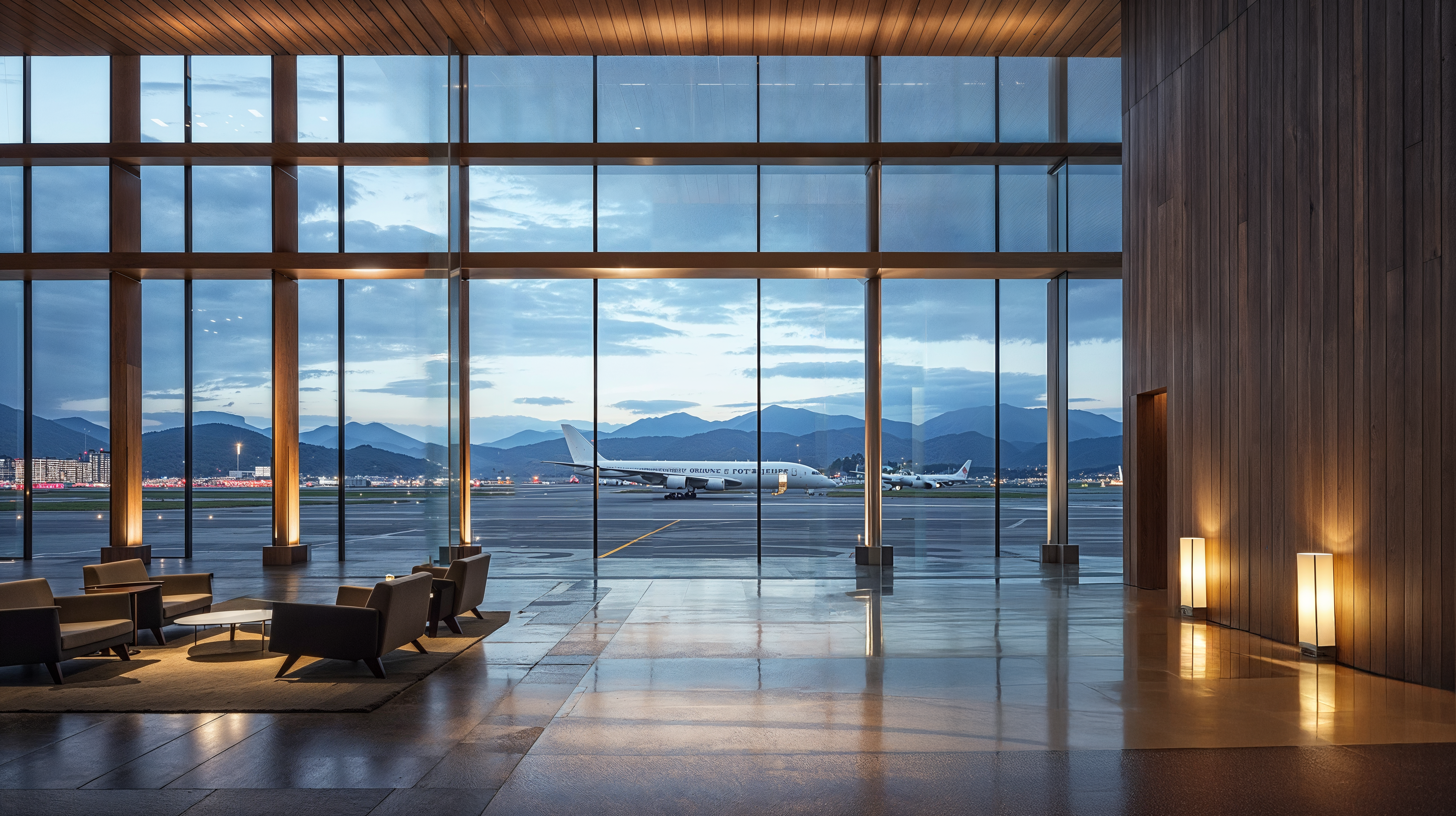 Japanese zen design including ergonomic seating, floor to ceiling windows, wood paneling, and subtle lighting.