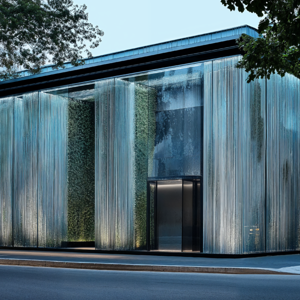 A sustainable storefront with frosted glass walls, natural lighting, and LED lighting fixtures.