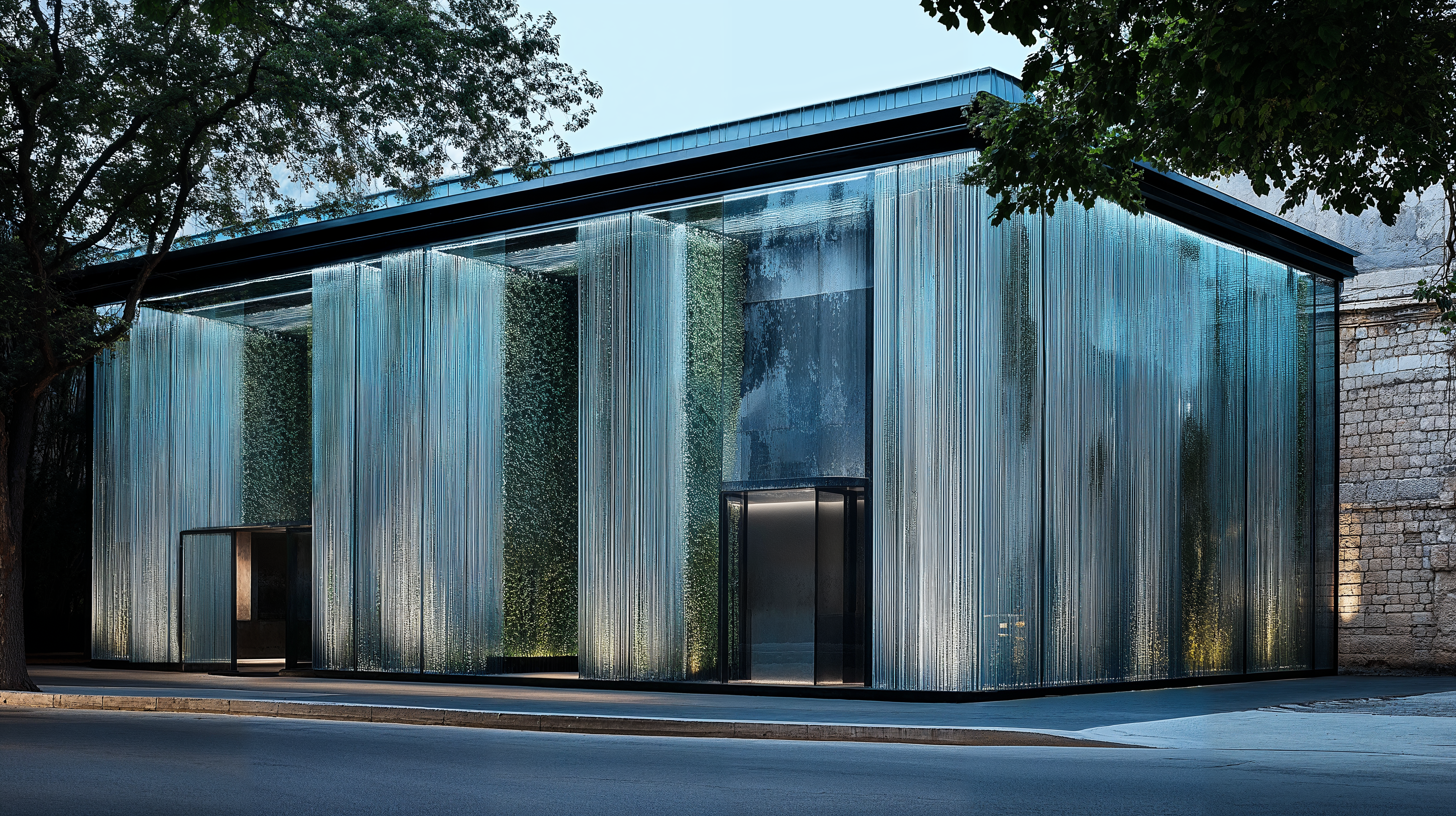 A sustainable storefront with frosted glass walls, natural lighting, and LED lighting fixtures.
