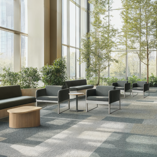 Tech-free zones featuring an office lobby natural light, floor to ceiling windows, plants and greenery, modern chairs and couches, and modular carpet.