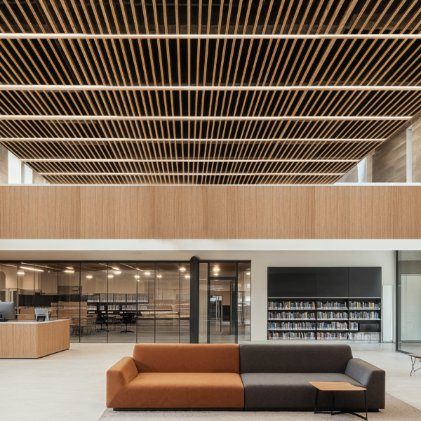 Statement ceiling featuring exposed wood beams in an interior space, natural lighting, couch, wood paneling, and glass partition walls.