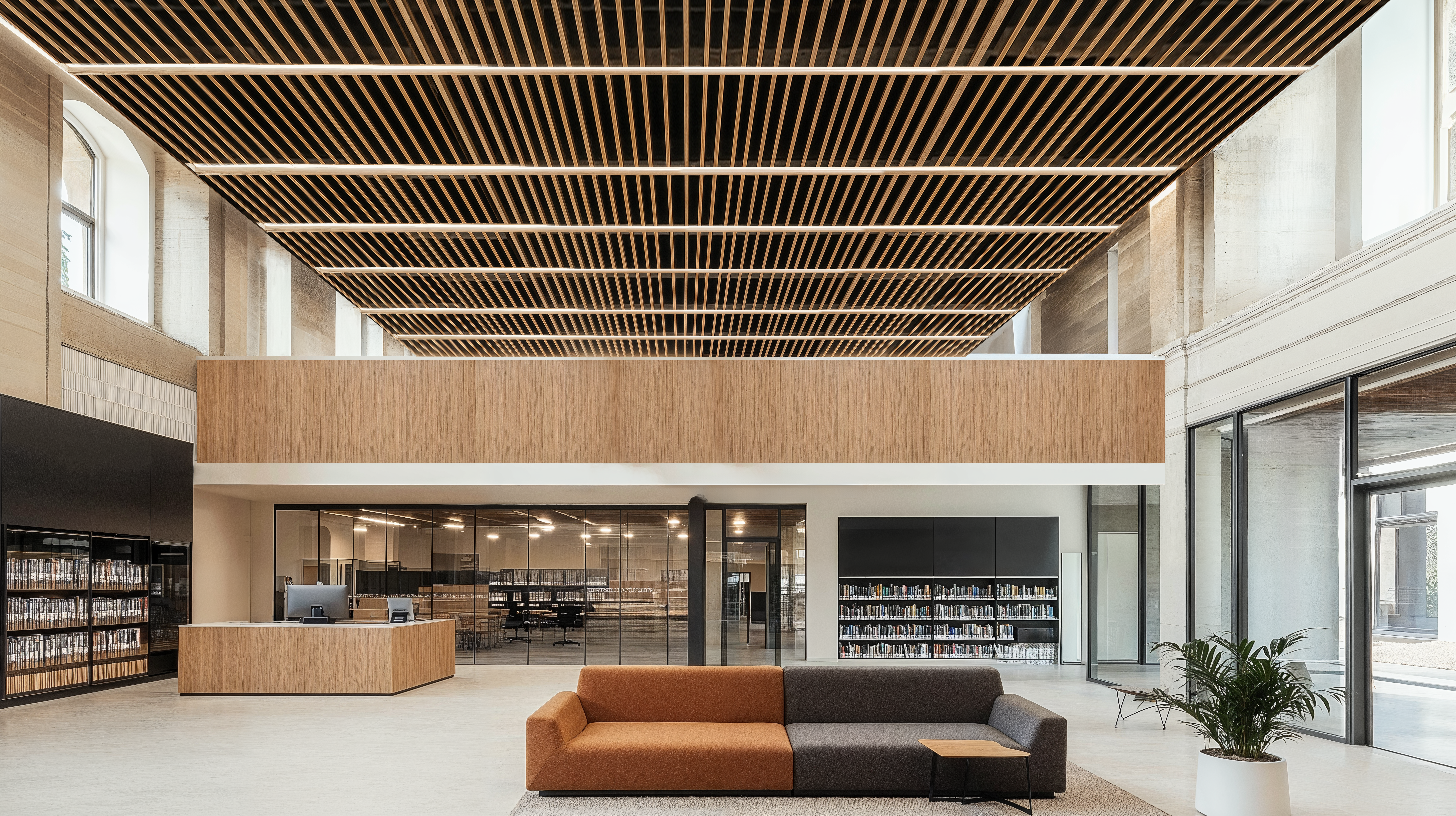 Statement ceiling featuring exposed wood beams in an interior space, natural lighting, couch, wood paneling, and glass partition walls.