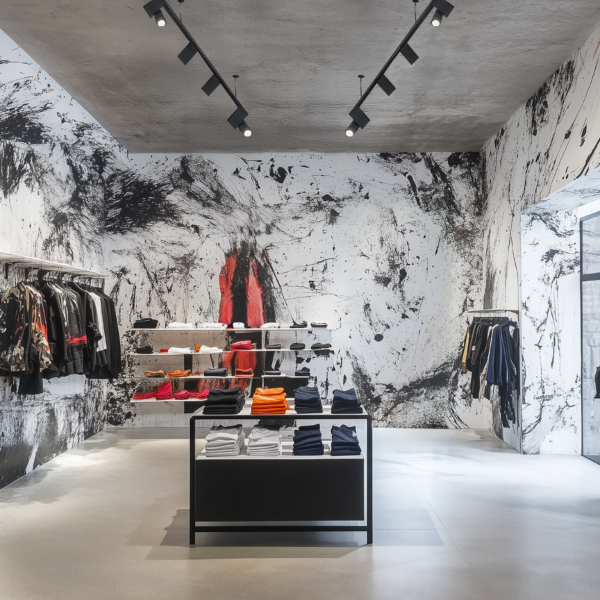 A retail gallery with track lighting, ornate wall coverings, and concrete floors.
