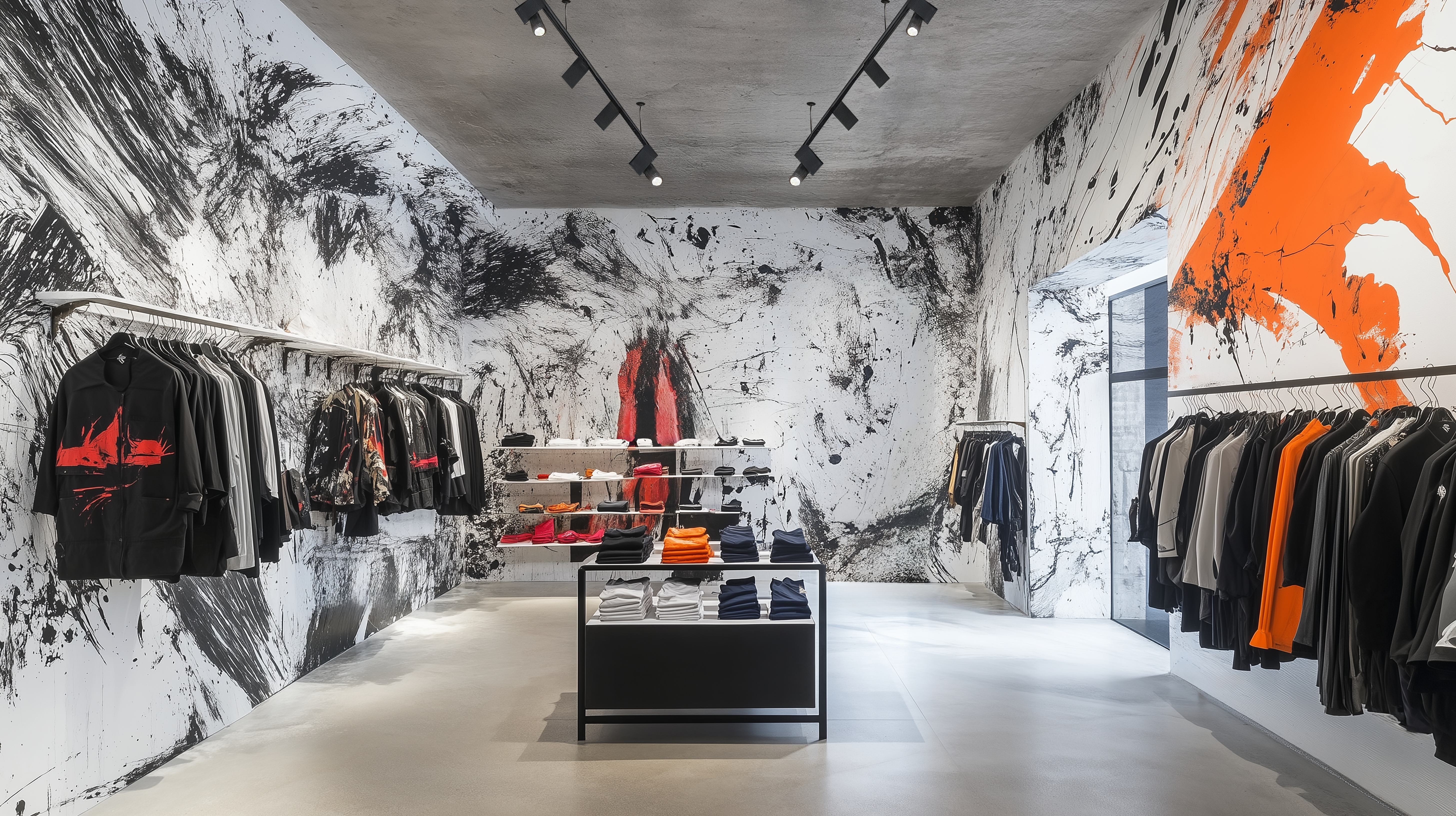 A retail gallery with track lighting, ornate wall coverings, and concrete floors.