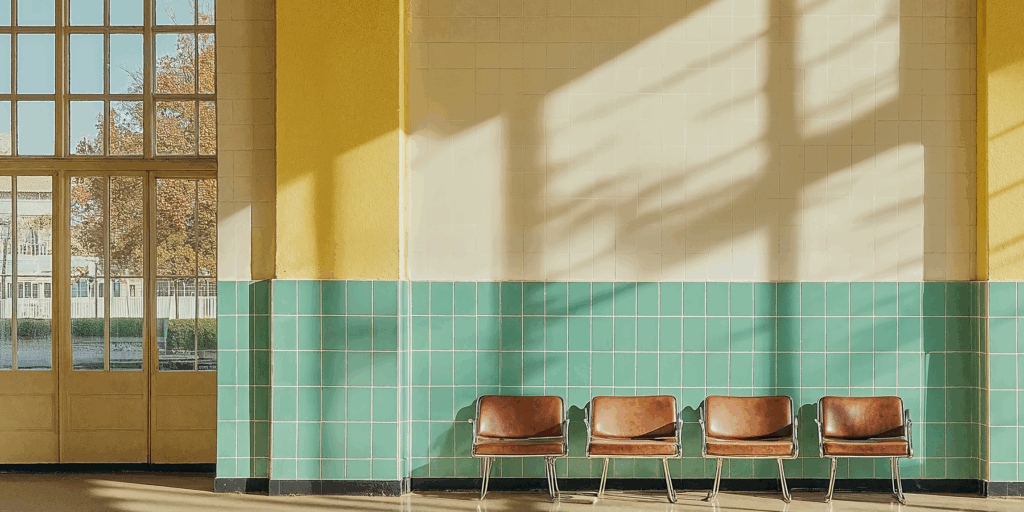 An art deco bus terminal with leather seating, teal tiled walls, and vinyl flooring.