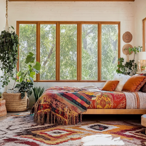 A Boho bedroom with wood framed windows, plush seating, and colorful textiles.