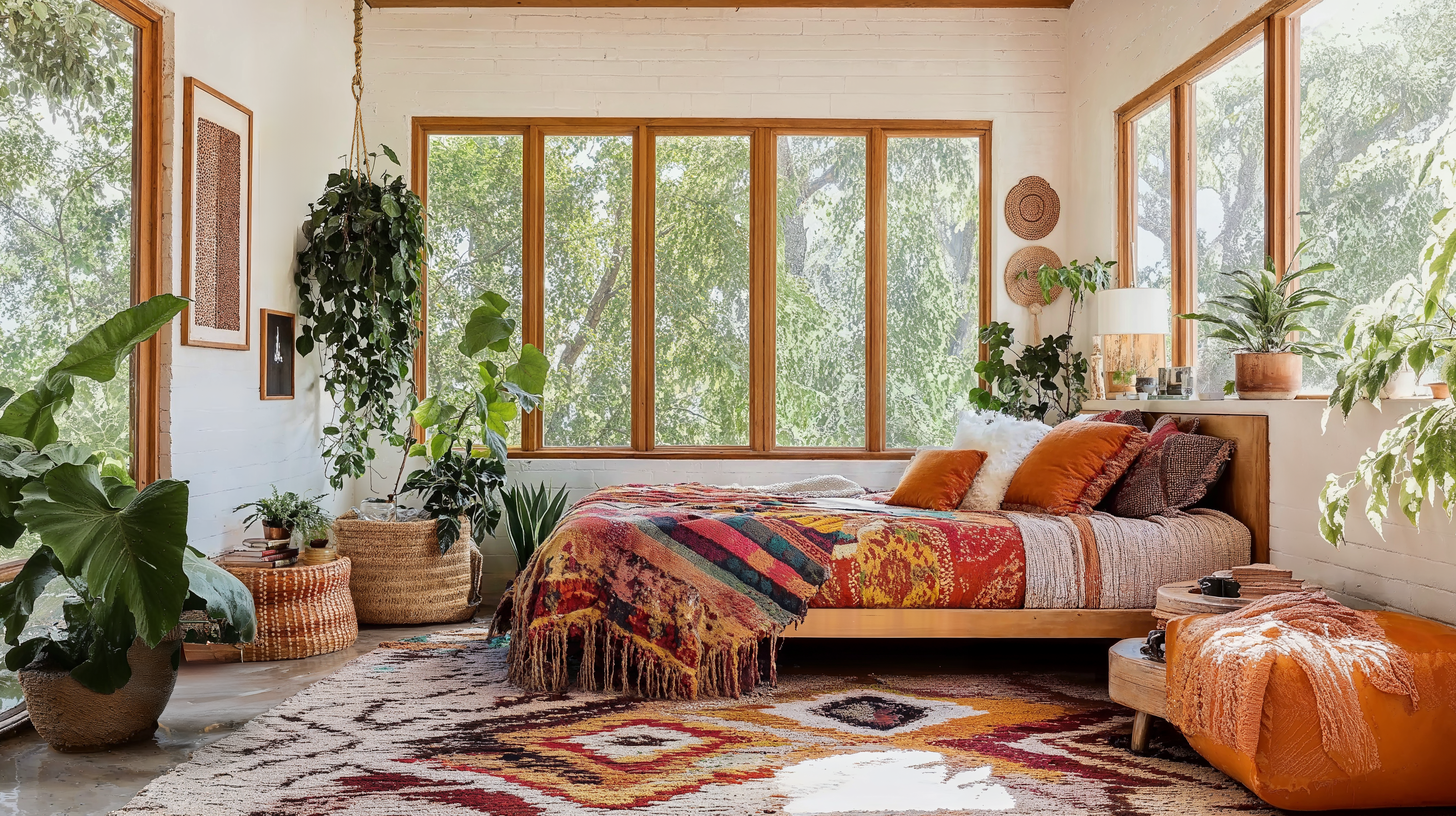 A Boho bedroom with wood framed windows, plush seating, and colorful textiles.