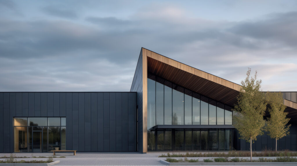 Exterior photo of a modern industrial building with eco-friendly facade. Black metal cladding and wood elements, large glass windows on the right side of the facade, a sharp triangular shaped roof, a blue sky, green trees in front of it in the evening light.