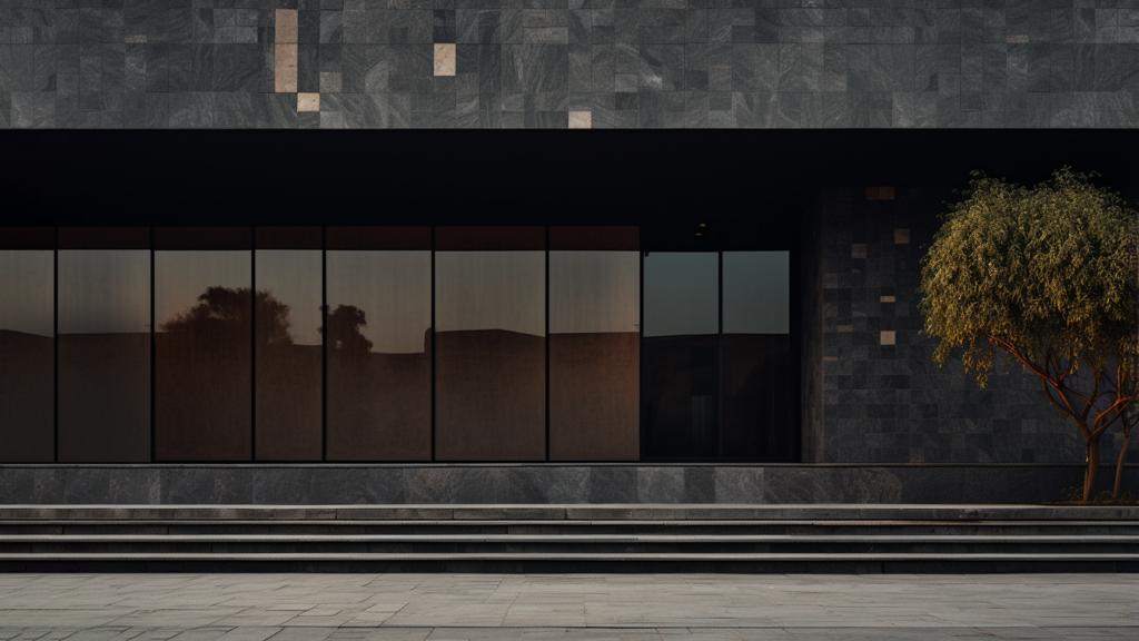 A photograph highlighting architectural building materials. Black stone facade building with big glass windows, grey steps leading up to the entrance and a tree on one side of it. The wall is made from dark gray marble, reflecting light in its surface.