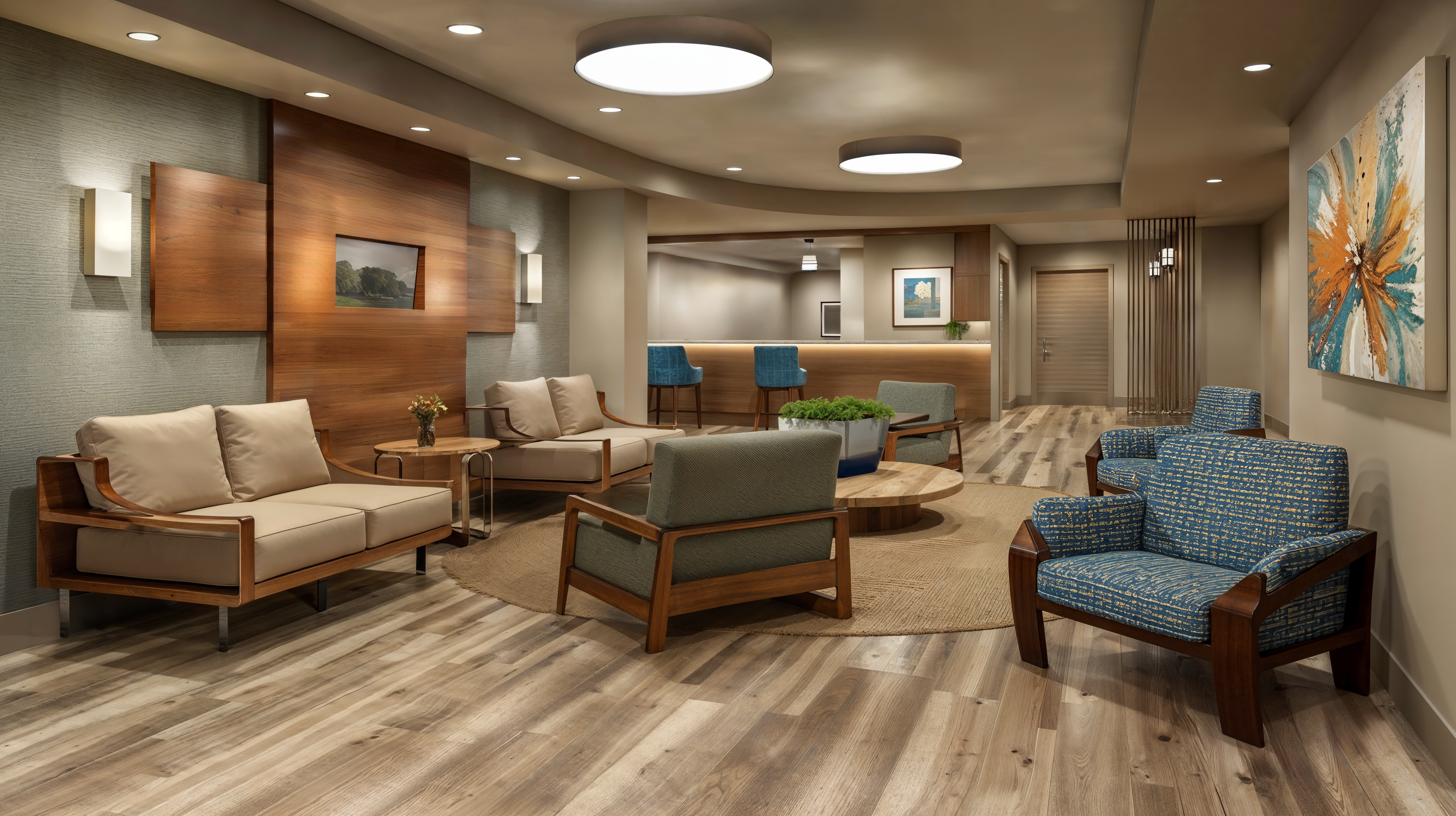 Hospitality meets healthcare with a waiting room designed for patient comfort. Large comfortable seating surrounds the room with wooden floors and wall paneling for added warmth.