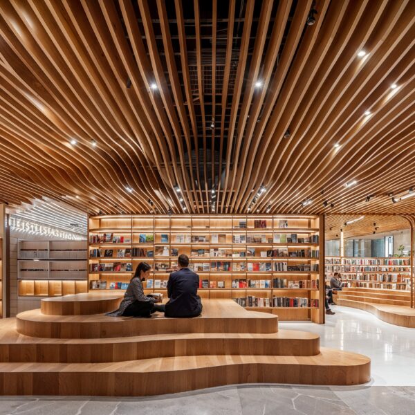 A book store with conceptual ceilings made from waves of wood material. Wooden bookshelves lined with books around the edge of the room with an abstract wooden stair seating area rests in the middle of the room with people sitting and reading.