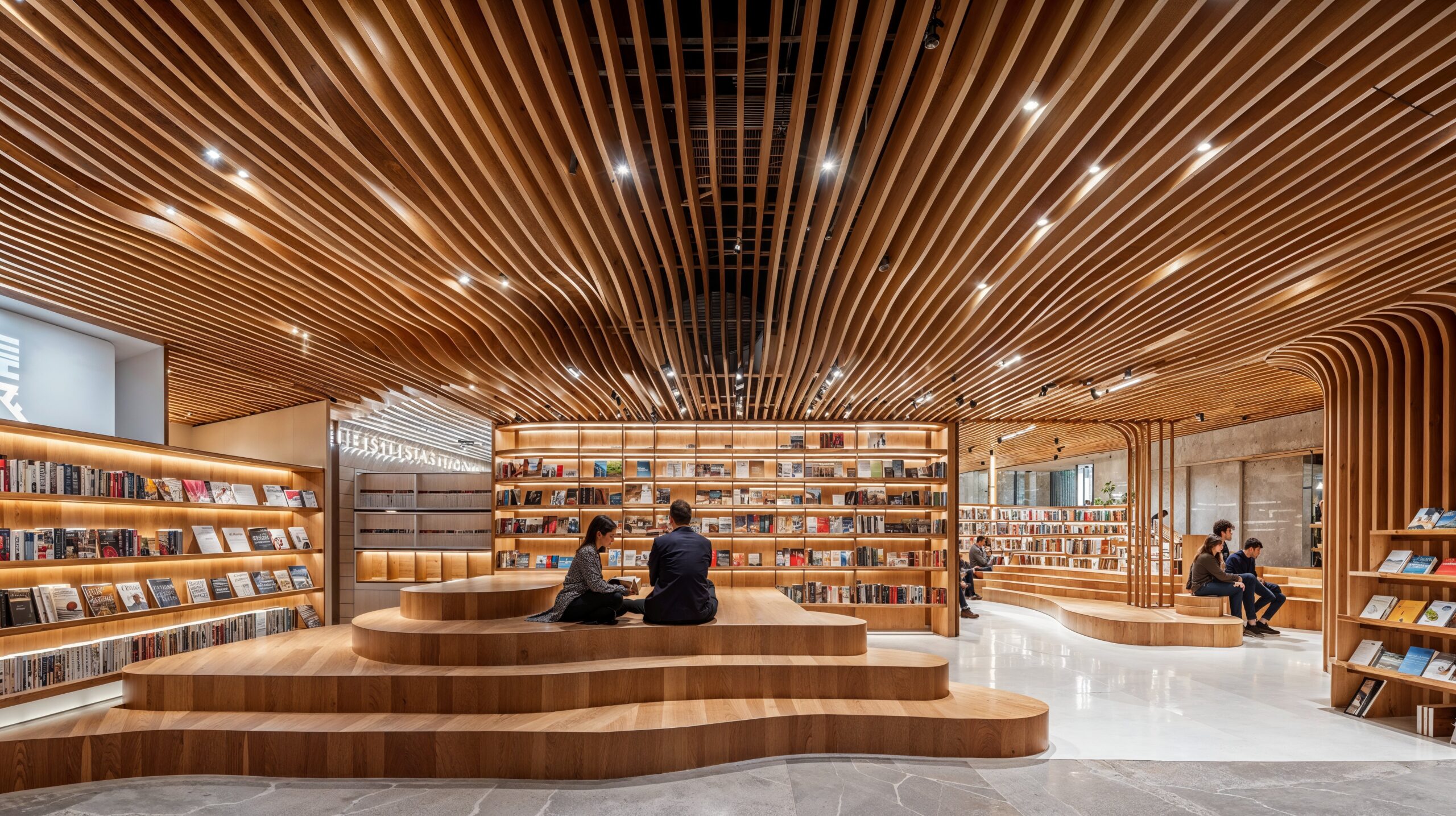 A book store with conceptual ceilings made from waves of wood material. Wooden bookshelves lined with books around the edge of the room with an abstract wooden stair seating area rests in the middle of the room with people sitting and reading.